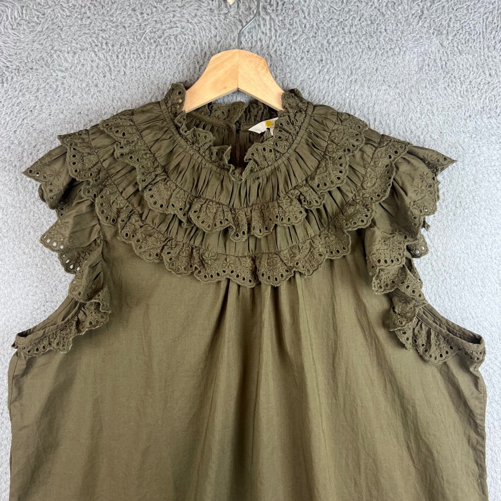 Boden Olive Green Eyelet Ruffle High Neck Sleeveless Cotton Blouse Top - Picture 5 of 12